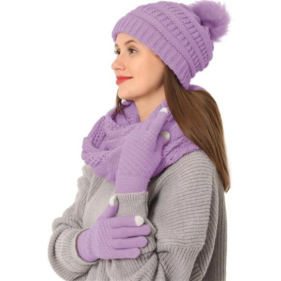 3pcs Women's Winter Beanie Hat Scarf and Touch Screen Gloves Set - Picture 1 of 5